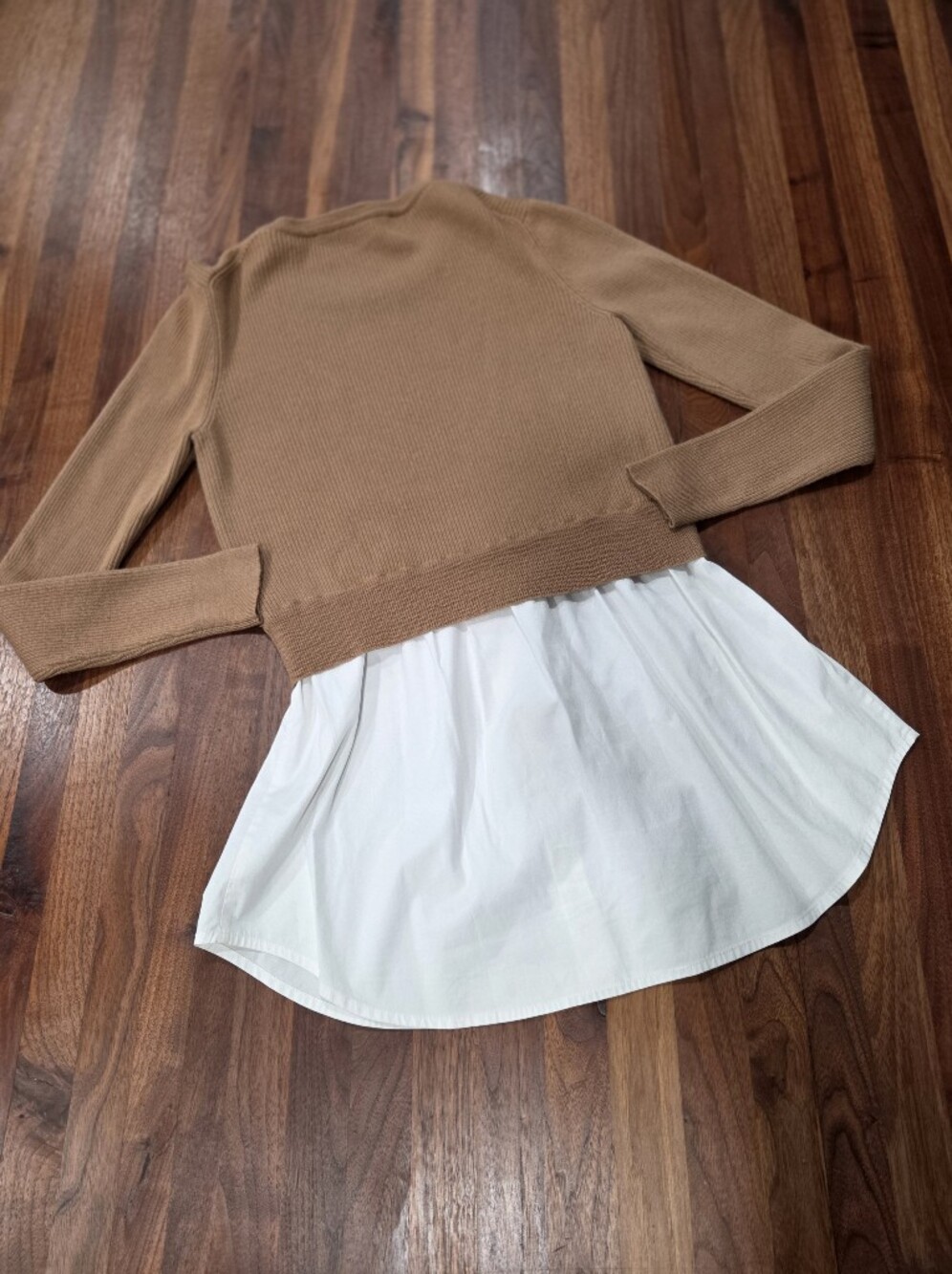 Veronica Beard Rocha Poplin Wool/Cotton Blend Camel Ribbed Sweater with Shirt. L - Picture 2 of 7